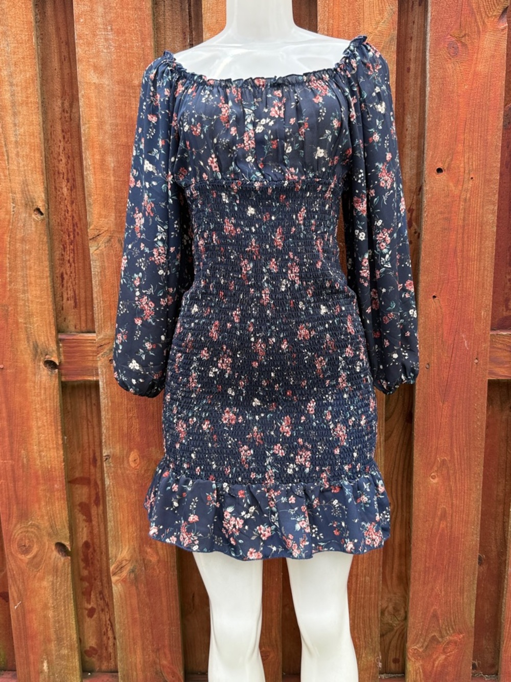 Inspired Hearts Navy Floral Smocked Off-Shoulder Dress Size L